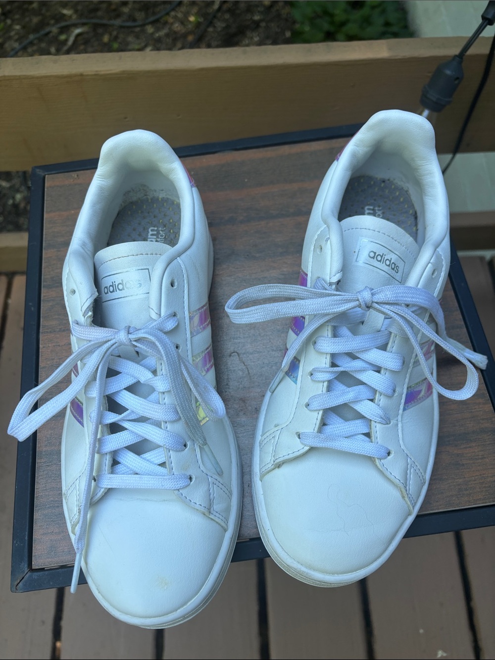 adidas White Sneakers with Iridescent Pink and Purple Stripes